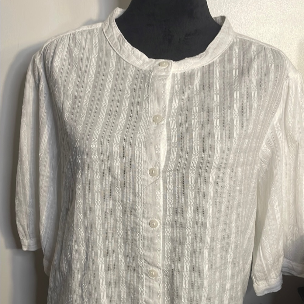White 3/4 Sleeve Button Down Shirt with Mandarin Collar